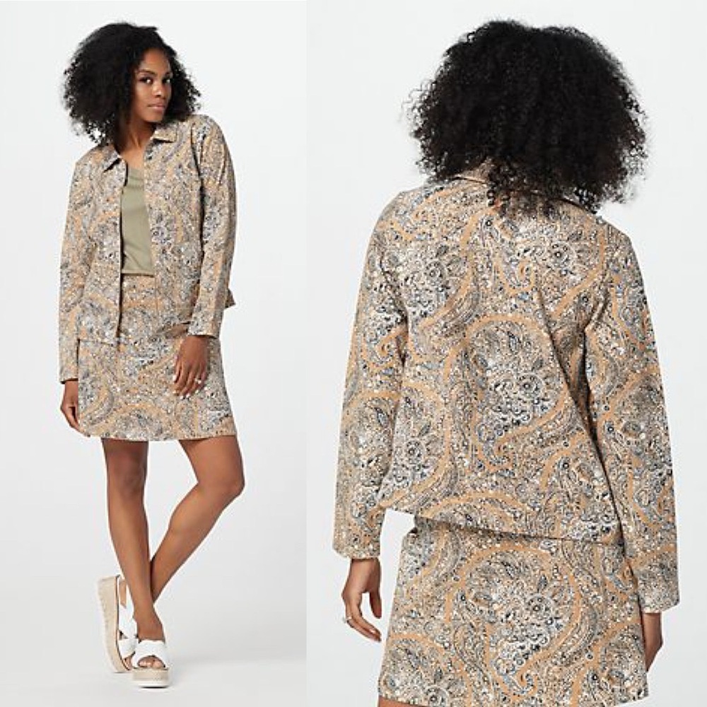 Isaac Mizrahi Live! Always Isaac 2X Brown Black Print Knit Denim Zip Jacket